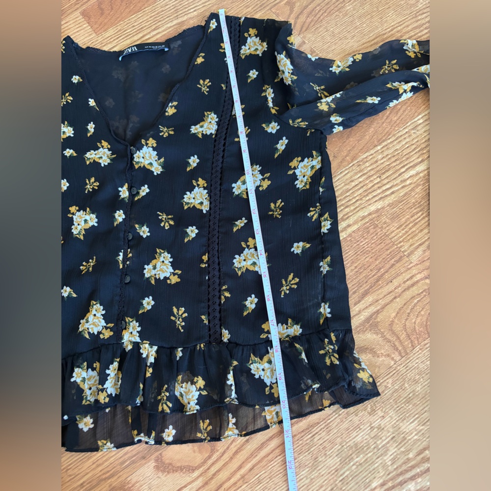 ZARA Sheer Floral Blouse Black Yellow White Long Sleeve Ruffle Hem Top - Picture 6 of 7